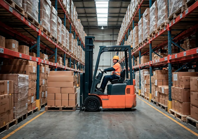 factory worker in Malaysia using a forklift