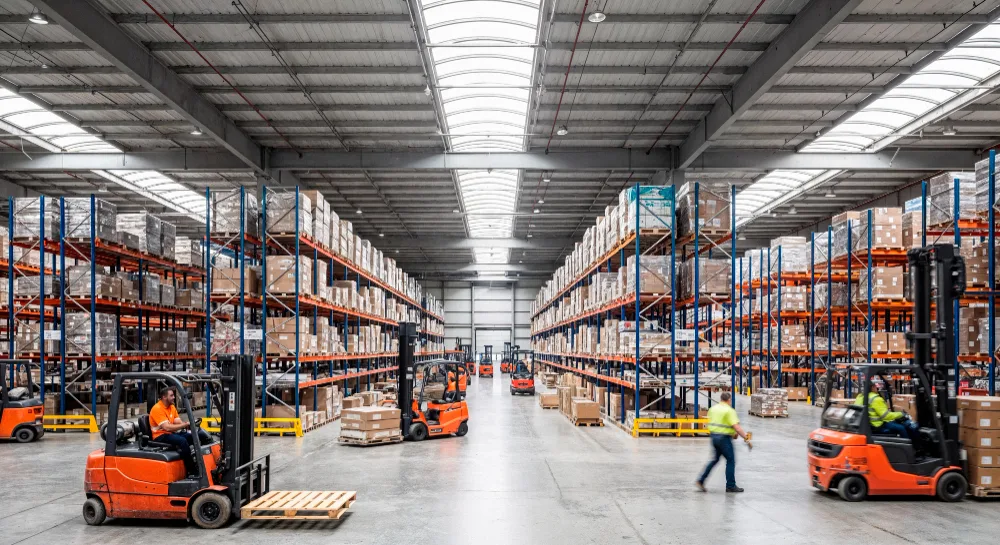 Warehouse interior with forklifts and shelving